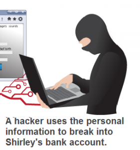 Hacker in balaclava and black sweater using laptop