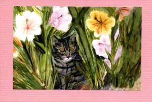 Tabby cat among iris flowers.  Paint by Jeannette Calvin.